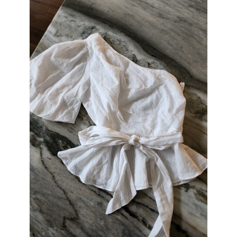 MINKPINK Jersey One Shoulder Top‎ White Puff Sleeve Tie Waist Peplum Small NEW